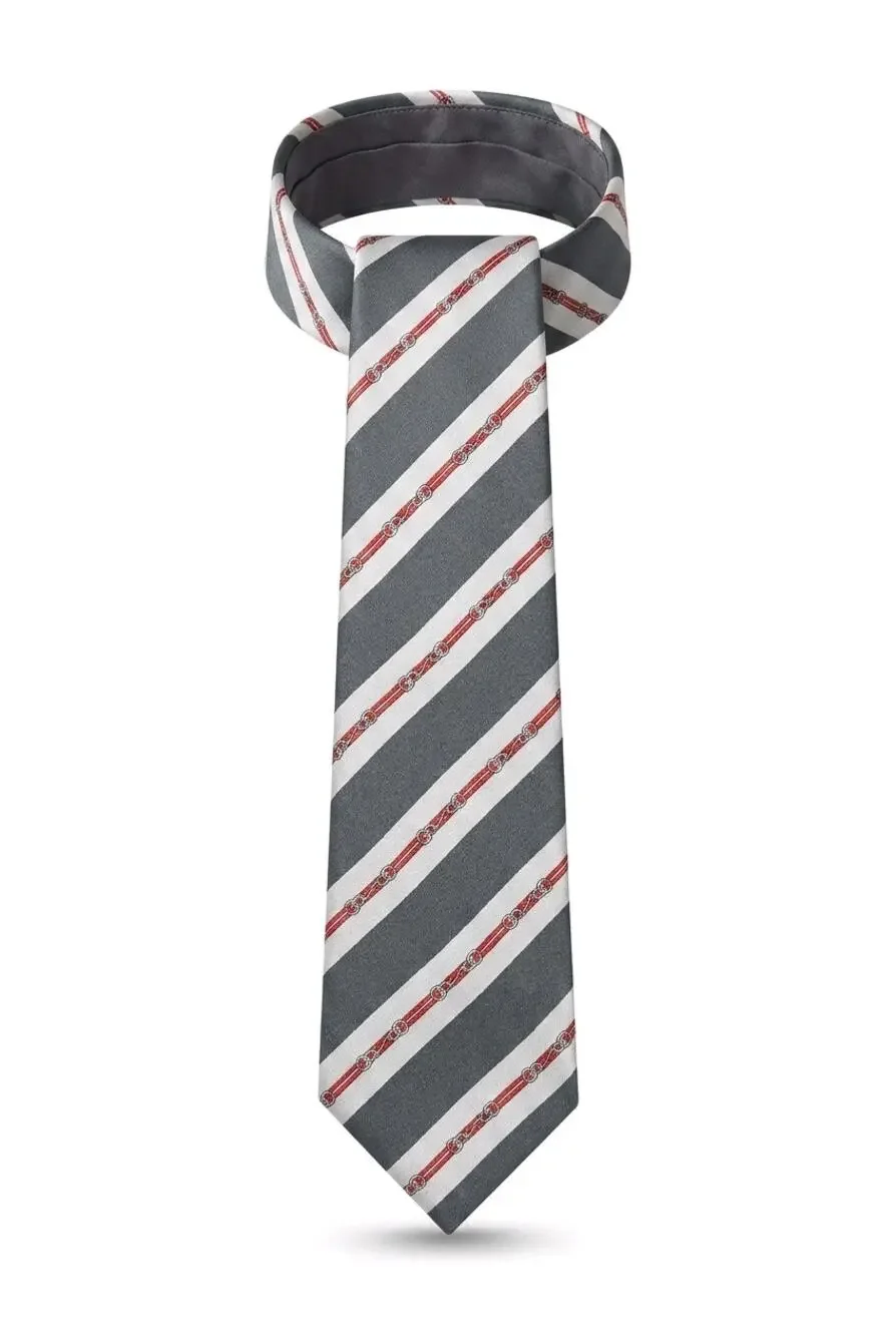 Vintage K.M. Milano Mens Striped Silk Blend Necktie Gray Red Equestrian Chain